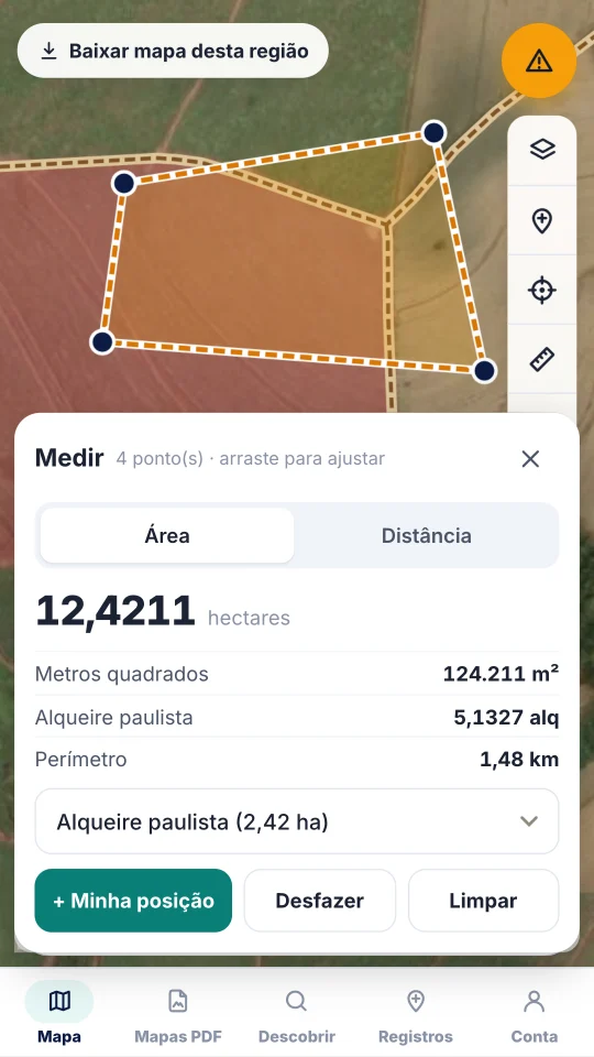 Pantalla de NovexGO midiendo un área de 12,42 hectáreas sobre imagen satelital