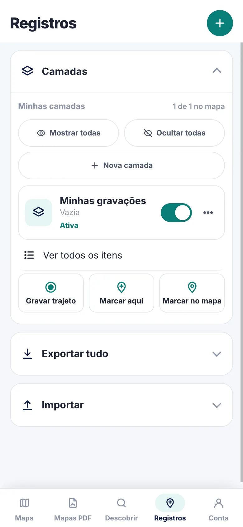 Tela Registros do NovexGO, com trajetos, pontos e camadas